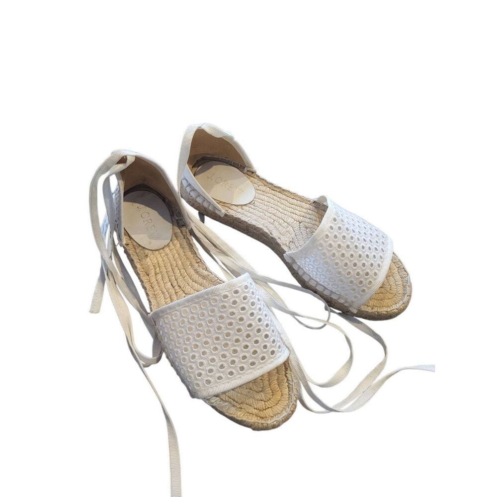 J. Crew Sandals Women's 8 White Eyelet Tie Lace Up Espadrille Flatform Summer - Picture 5 of 6